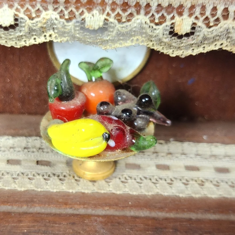 Vintage 1:12 Dollhouse Miniature Wood China Cabinet Hutch w/ Porcelain Metal Set